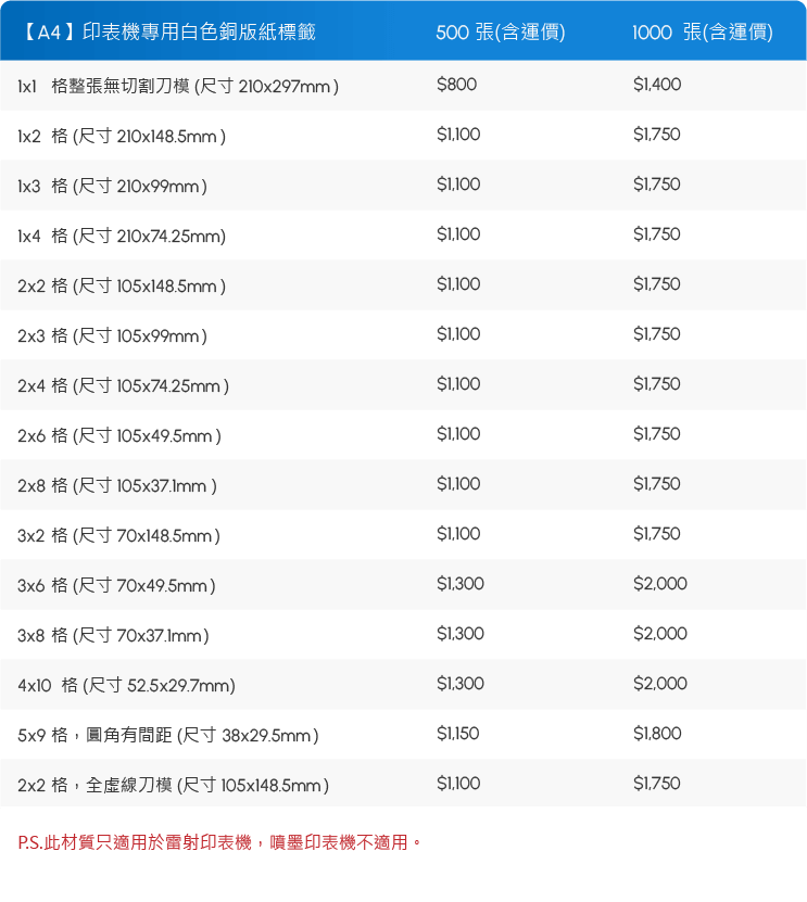 A4 標籤貼紙尺寸